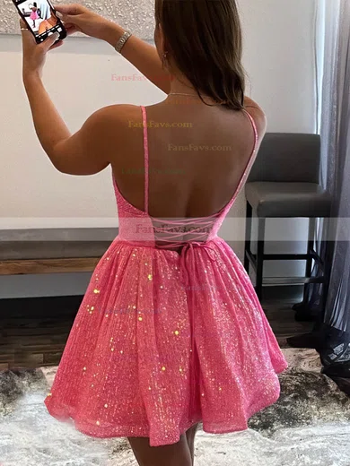 A-line V-neck Sequined Short/Mini Short Prom Dresses With Pockets #Favs020020110291