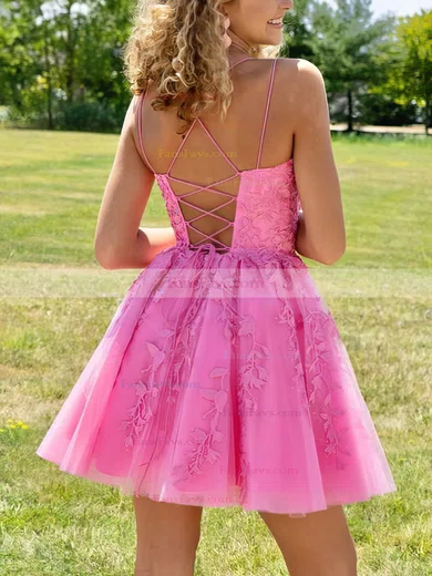 A-line Scoop Neck Tulle Short/Mini Short Prom Dresses With Lace #Favs020020111697