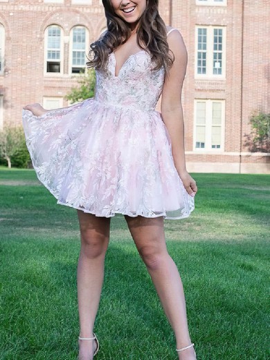 A-line V-neck Lace Short/Mini Short Prom Dresses #Favs020020111700