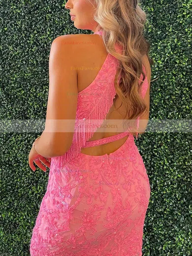 Sheath/Column High Neck Tulle Short/Mini Short Prom Dresses With Lace #Favs020020110295