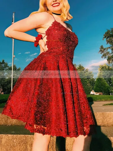 A-line Scoop Neck Lace Knee-length Short Prom Dresses With Beading #Favs020020111701