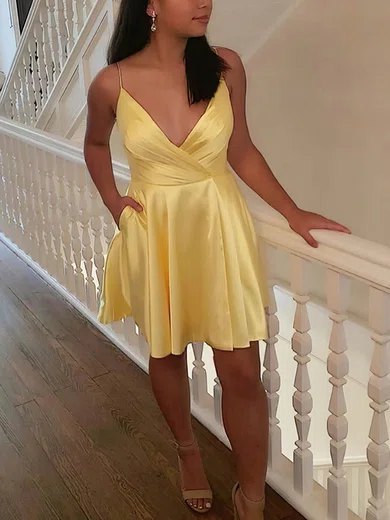 A-line V-neck Silk-like Satin Short/Mini Pockets Short Prom Dresses #Favs020020109324