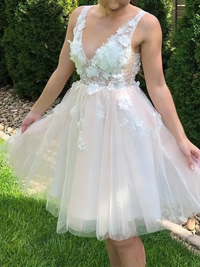A-line V-neck Tulle Knee-length Short Prom Dresses With Lace #Favs020020110980