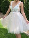 A-line V-neck Tulle Knee-length Short Prom Dresses With Lace #Favs020020110980