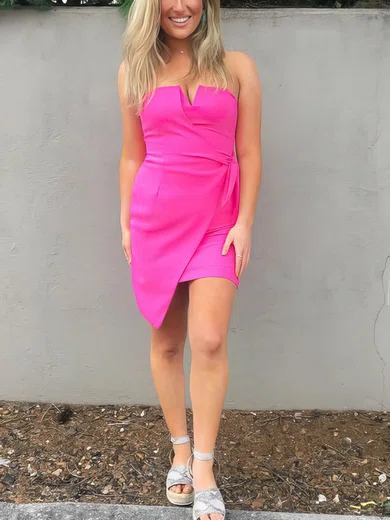 Sheath/Column Strapless Silk-like Satin Short/Mini Short Prom Dresses With Ruffles #Favs020020111703