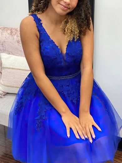 A-line V-neck Tulle Knee-length Short Prom Dresses With Lace #Favs020020110982