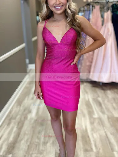 Sheath/Column V-neck Jersey Short/Mini Short Prom Dresses With Beading #Favs020020110983