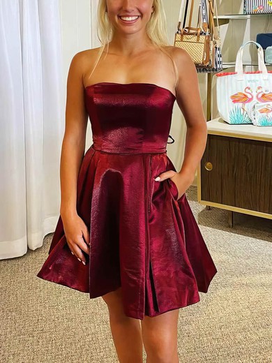 A-line Strapless Satin Short/Mini Short Prom Dresses With Pockets #Favs020020110985