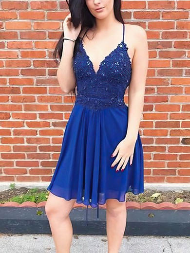 A-line V-neck Chiffon Short/Mini Short Prom Dresses With Appliques Lace #Favs020020111709