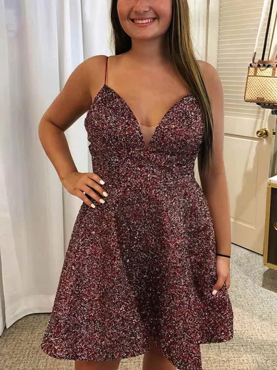 A-line V-neck Sequined Short/Mini Short Prom Dresses #Favs020020110988