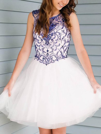 A-line Scoop Neck Tulle Knee-length Short Prom Dresses With Beading #Favs020020111710