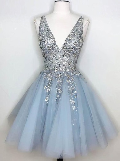 A-line V-neck Tulle Short/Mini Short Prom Dresses With Appliques Lace #Favs020020110305