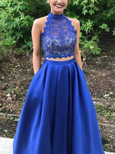 Princess High Neck Lace Satin Floor-length Beading Prom Dresses #Favs020105044