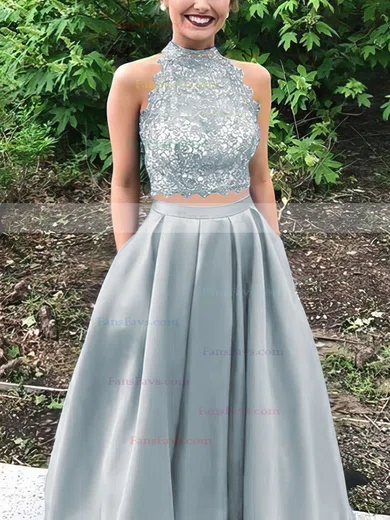 Princess High Neck Lace Satin Floor-length Beading Prom Dresses #Favs020105044