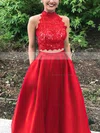 Princess High Neck Lace Satin Floor-length Beading Prom Dresses #Favs020105044