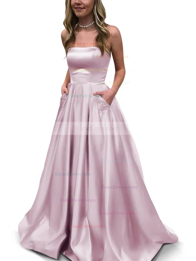 Princess Strapless Satin Floor-length Beading Prom Dresses #Favs020105052