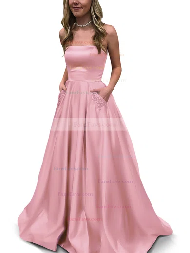 Princess Strapless Satin Floor-length Beading Prom Dresses #Favs020105052
