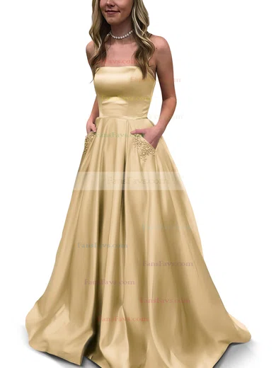 Princess Strapless Satin Floor-length Beading Prom Dresses #Favs020105052