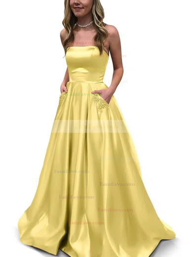 Princess Strapless Satin Floor-length Beading Prom Dresses #Favs020105052