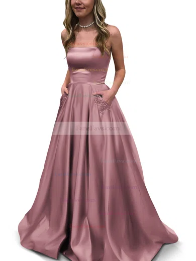 Princess Strapless Satin Floor-length Beading Prom Dresses #Favs020105052