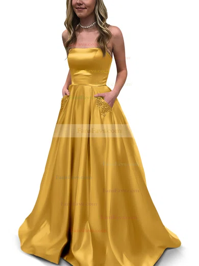 Princess Strapless Satin Floor-length Beading Prom Dresses #Favs020105052