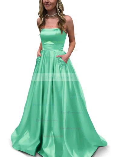Princess Strapless Satin Floor-length Beading Prom Dresses #Favs020105052