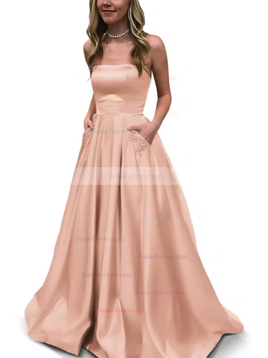 Princess Strapless Satin Floor-length Beading Prom Dresses #Favs020105052