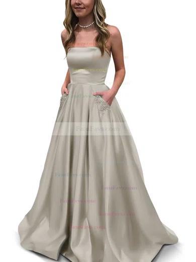 Princess Strapless Satin Floor-length Beading Prom Dresses #Favs020105052