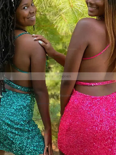 Sheath/Column V-neck Sequined Short/Mini Short Prom Dresses With Sashes / Ribbons #Favs020020111719