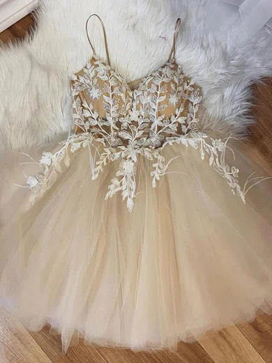 A-line V-neck Tulle Short/Mini Short Prom Dresses With Lac #Favs020020110311