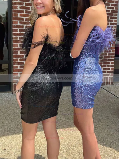 Sheath/Column Strapless Sequined Short/Mini Short Prom Dresses With Feathers / Fur #Favs020020111720
