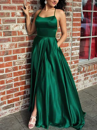A-line Scoop Neck Silk-like Satin Sweep Train Pockets Prom Dresses #Favs020105078 A-line Scoop Neck Silk-like Satin Sweep Train Pockets Prom Dresses #Favs020105078