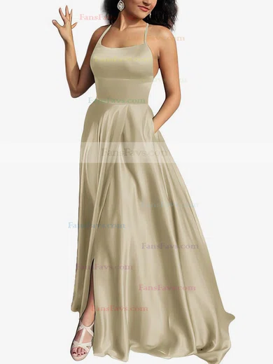 A-line Scoop Neck Silk-like Satin Sweep Train Pockets Prom Dresses #Favs020105078