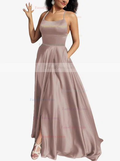 A-line Scoop Neck Silk-like Satin Sweep Train Pockets Prom Dresses #Favs020105078
