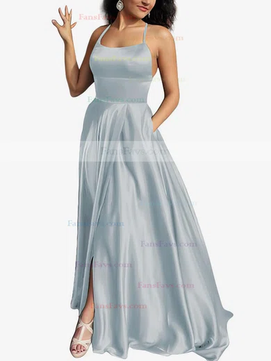 A-line Scoop Neck Silk-like Satin Sweep Train Pockets Prom Dresses #Favs020105078