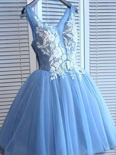 A-line V-neck Tulle Short/Mini Short Prom Dresses With Lace #Favs020020111722