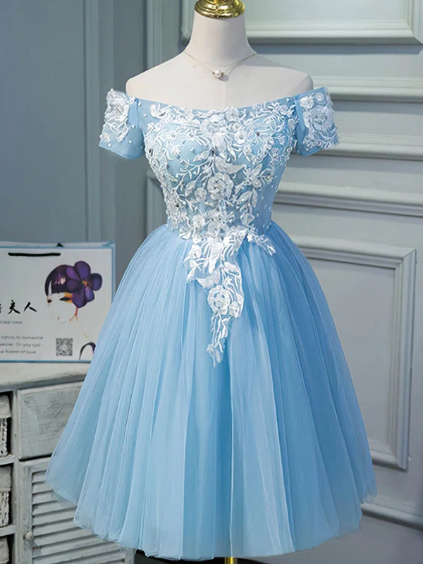 A-line Off-the-shoulder Tulle Knee-length Short Prom Dresses With Lace #Favs020020111723