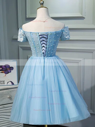 A-line Off-the-shoulder Tulle Knee-length Short Prom Dresses With Lace #Favs020020111723
