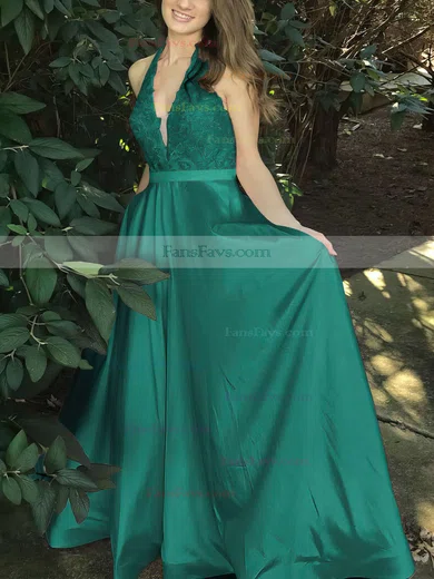 Princess Halter Satin Sweep Train Appliques Lace Prom Dresses #Favs020105085