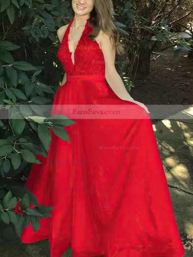 Princess Halter Satin Sweep Train Appliques Lace Prom Dresses #Favs020105085