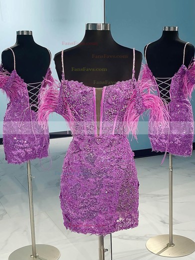 Sheath/Column Off-the-shoulder Lace Short/Mini Short Prom Dresses With Feathers / Fur #Favs020020110317