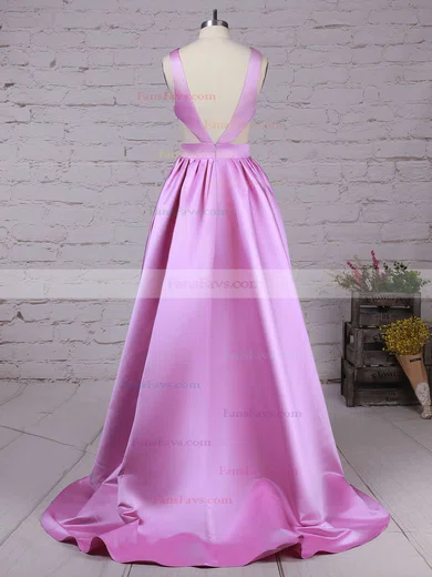 Princess V-neck Satin Sweep Train Pockets Prom Dresses #Favs020105088