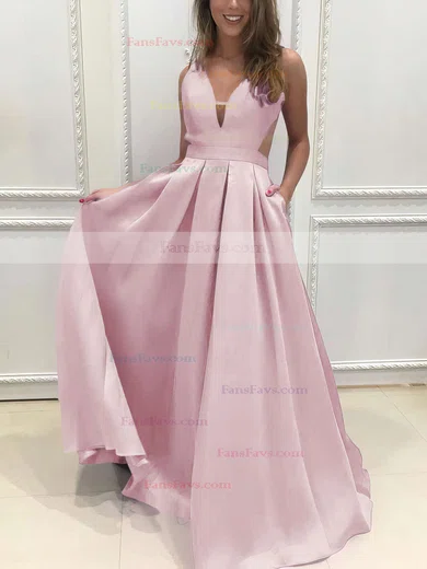 Princess V-neck Satin Sweep Train Pockets Prom Dresses #Favs020105088