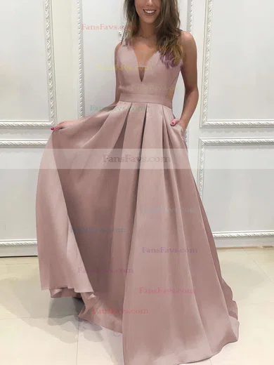 Princess V-neck Satin Sweep Train Pockets Prom Dresses #Favs020105088