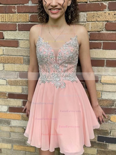A-line V-neck Chiffon Short/Mini Short Prom Dresses With Lace #Favs020020111005