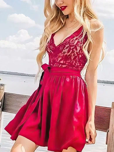 A-line V-neck Silk-like Satin Short/Mini Short Prom Dresses With Lace #Favs020020111727