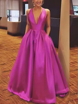 A-line V-neck Satin Floor-length Bow Prom Dresses #Favs020106112