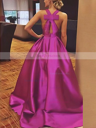 A-line V-neck Satin Floor-length Bow Prom Dresses #Favs020106112