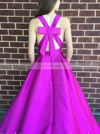 A-line V-neck Satin Floor-length Bow Prom Dresses #Favs020106112