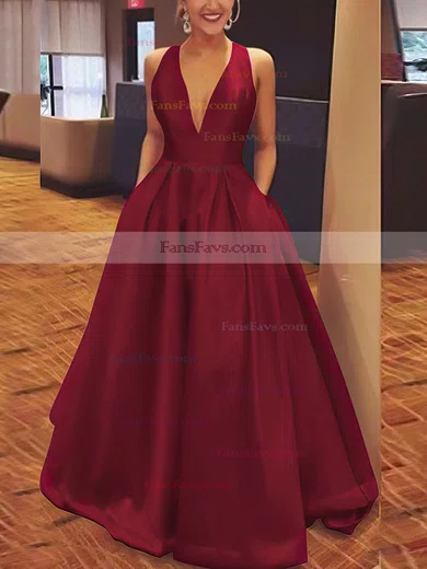 A-line V-neck Satin Floor-length Bow Prom Dresses #Favs020106112